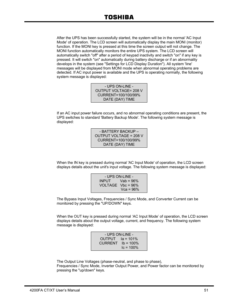 18 key functions, 1 moni, 2 in | 3 out, Key functions, Moni, Toshiba | Toshiba 4200FA CT/XT User Manual | Page 52 / 68