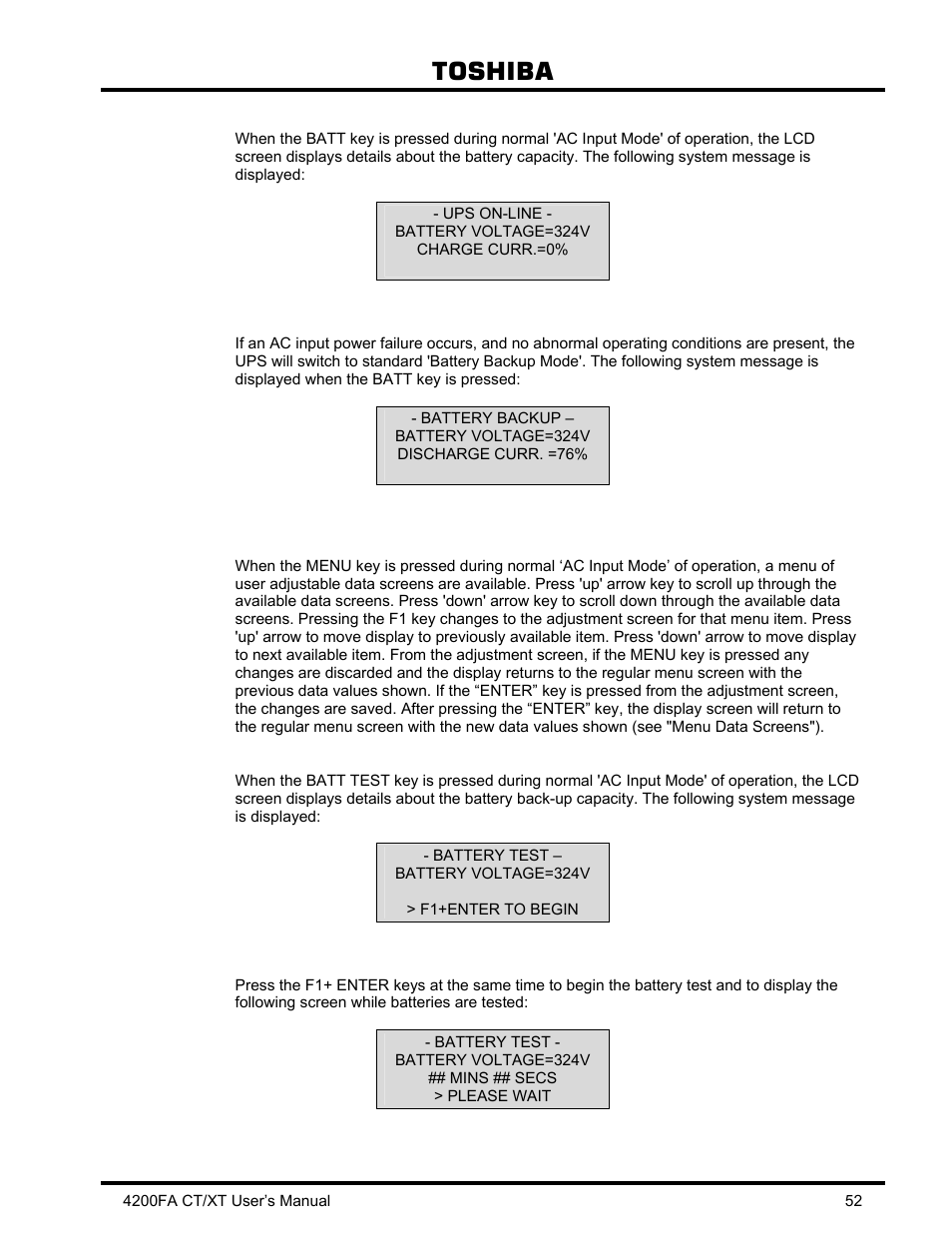 4 batt key, 5 menu, f1, enter, up, & down keys, 6 batt test key | Batt key, Menu, f1, enter, up, & down keys, Batt test key, Toshiba | Toshiba 4200FA CT/XT User Manual | Page 53 / 68