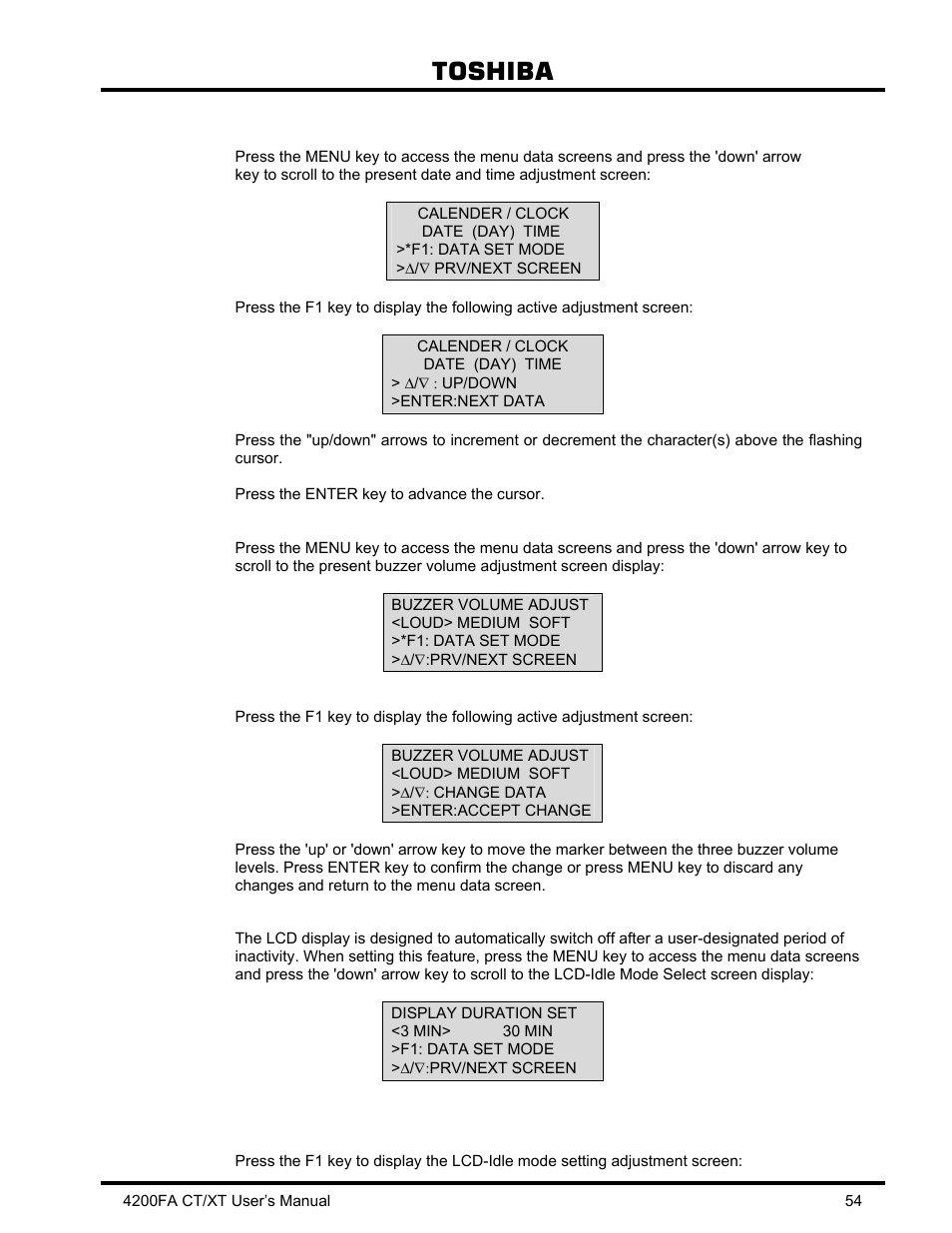 19 menu data screens, 1 settings for calendar and clock, 2 adjusting the buzzer volume | 3 settings for display duration, Menu data screens, Settings for calendar and clock, Adjusting the buzzer volume, Settings for display duration, Toshiba | Toshiba 4200FA CT/XT User Manual | Page 55 / 68