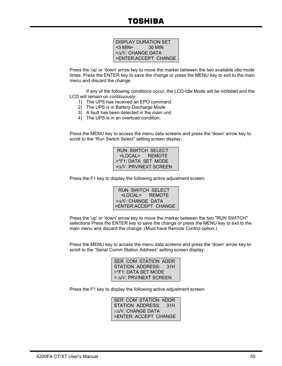 4 run switch select, 5 serial com station address, Run switch select | Serial com station address, Toshiba | Toshiba 4200FA CT/XT User Manual | Page 56 / 68