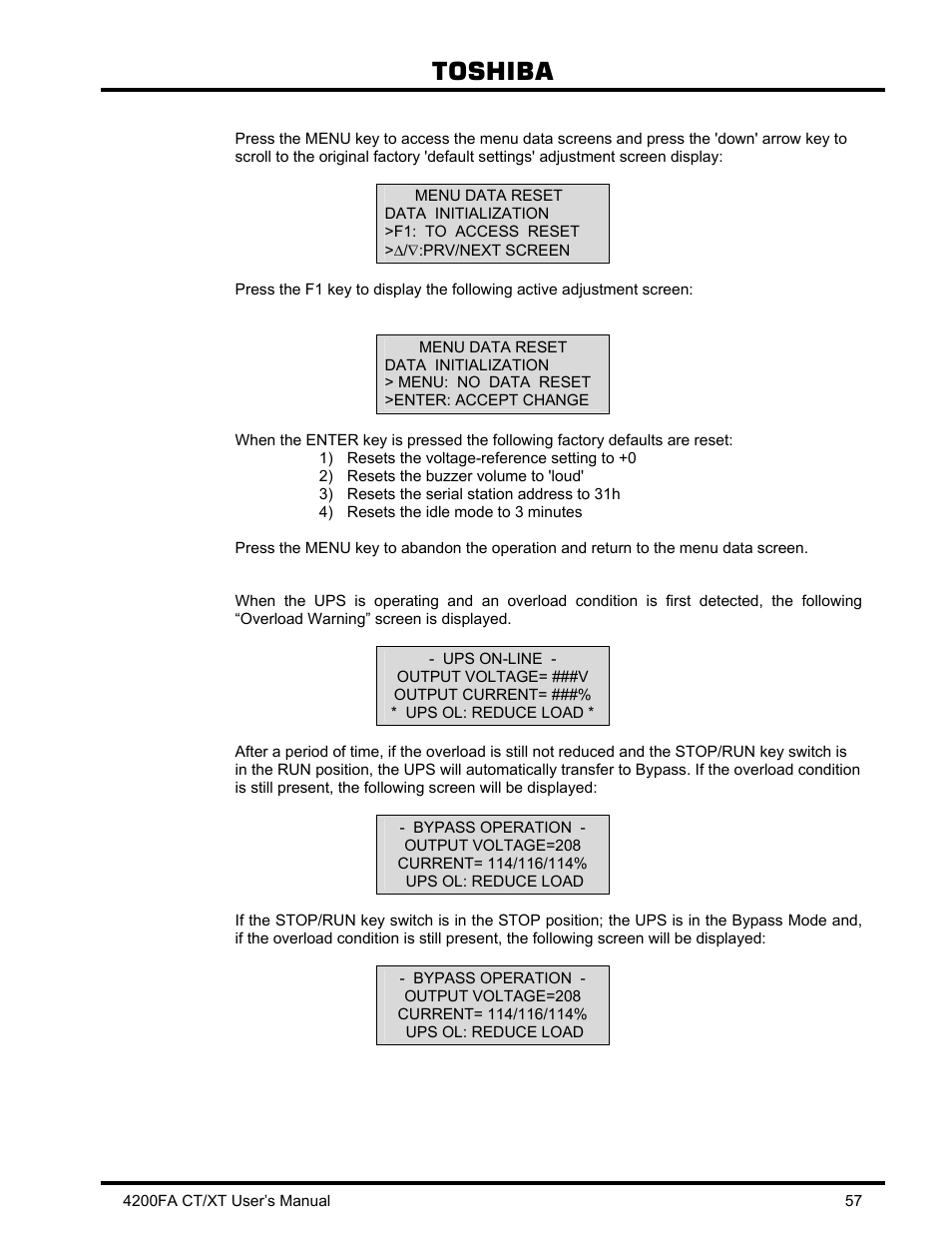 8 reset to default settings, 20 overload operation, Reset to default settings | Overload operation, Toshiba | Toshiba 4200FA CT/XT User Manual | Page 58 / 68