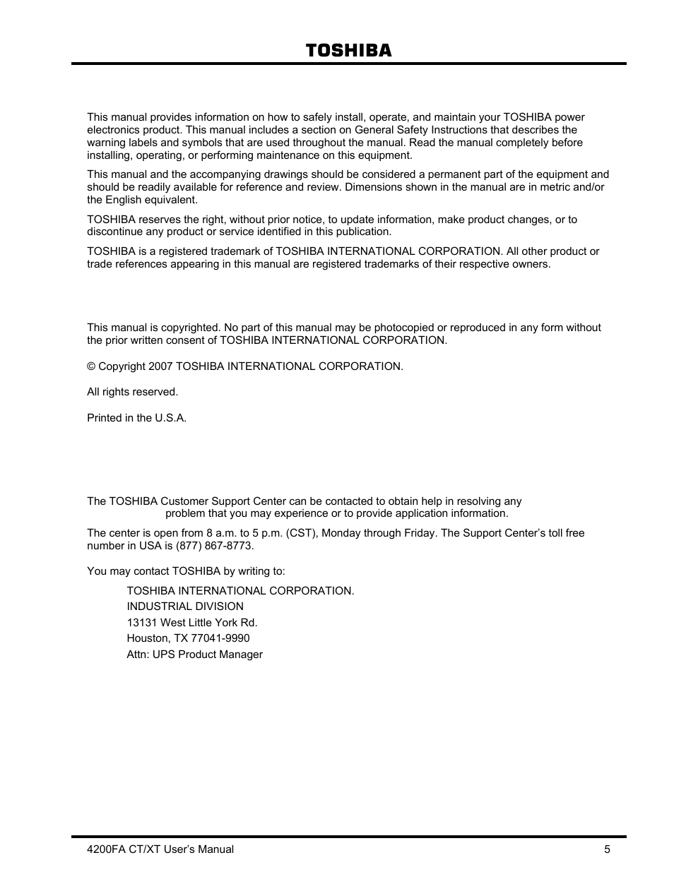 Purpose and scope of manual, Contacting toshiba customer support center, Toshiba | Toshiba 4200FA CT/XT User Manual | Page 6 / 68
