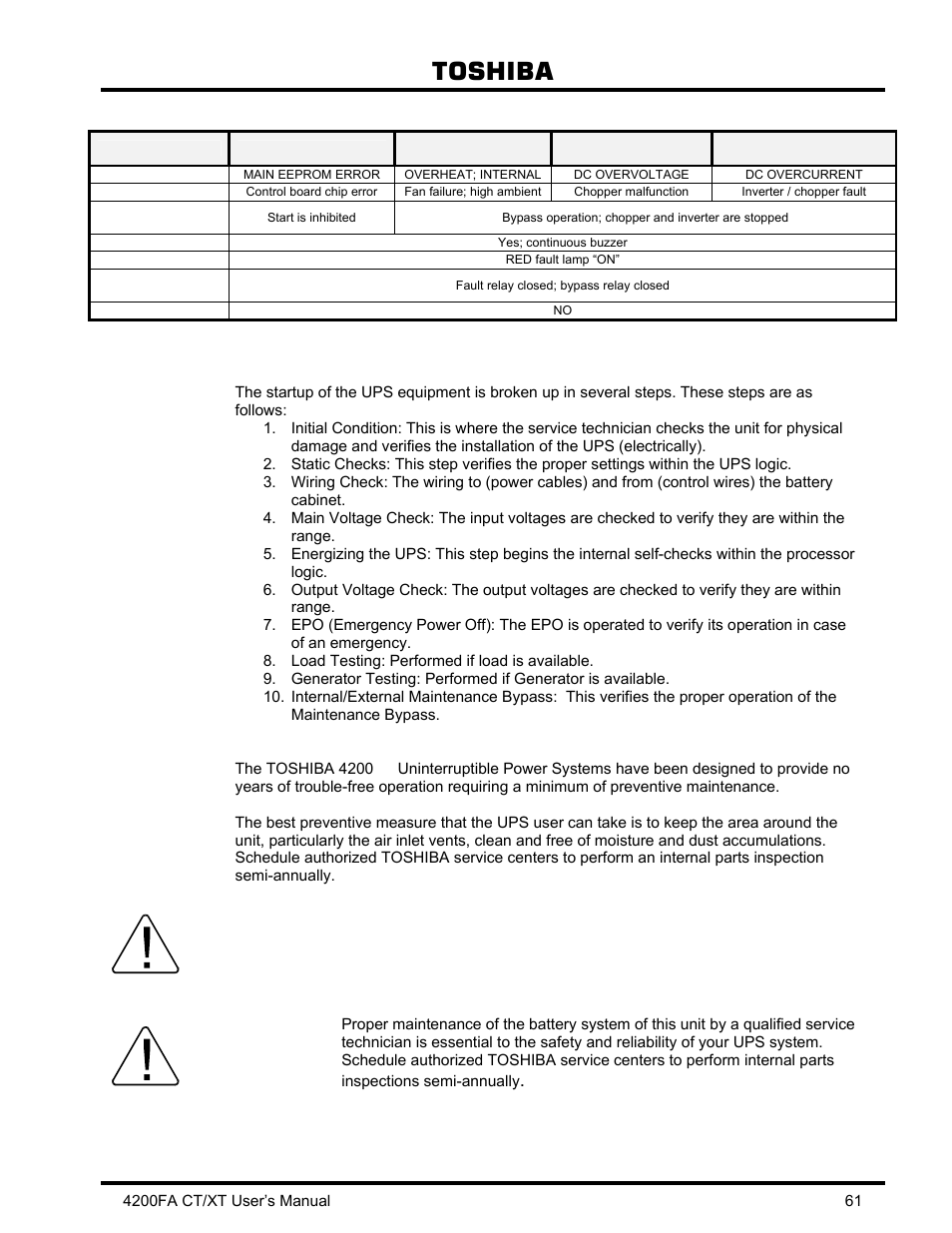 0 start-up/scheduled maintenance/part replacement, 1 start-up, 2 preventive maintenance | Start-up, Preventive maintenance, Caution, Warning, Toshiba | Toshiba 4200FA CT/XT User Manual | Page 62 / 68