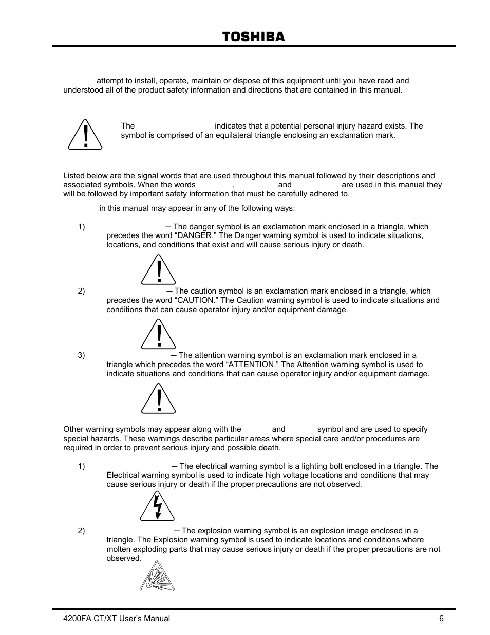General safety instructions, Danger, Caution | Attention, Safety alert symbol, Signal words, Toshiba | Toshiba 4200FA CT/XT User Manual | Page 7 / 68