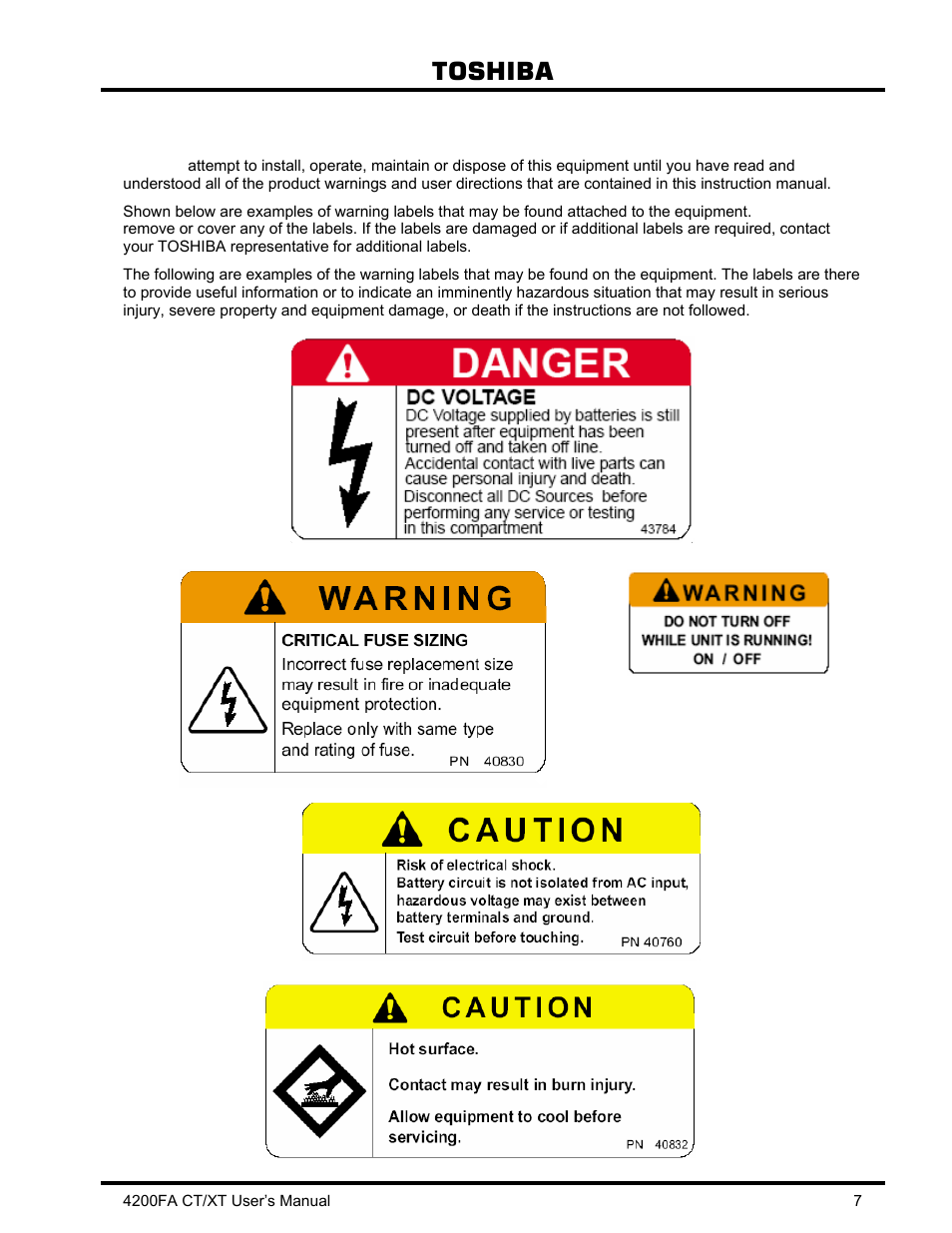 Equipment warning labels, Toshiba | Toshiba 4200FA CT/XT User Manual | Page 8 / 68