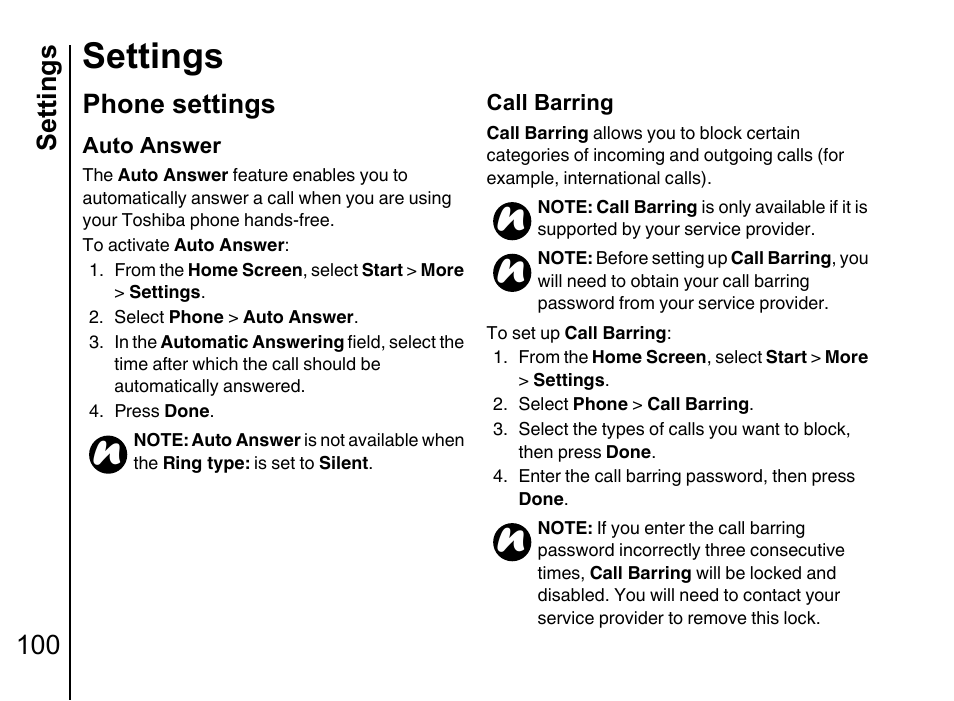 Settings 100 phone settings 100, Settings, Auto answer | Settings 100, Phone settings | Toshiba Portege G710 User Manual | Page 101 / 140