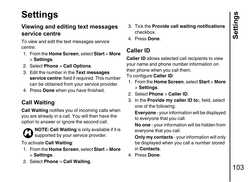 Viewing and, Editing text messages service centre for, Settings | Settings 103 | Toshiba Portege G710 User Manual | Page 104 / 140