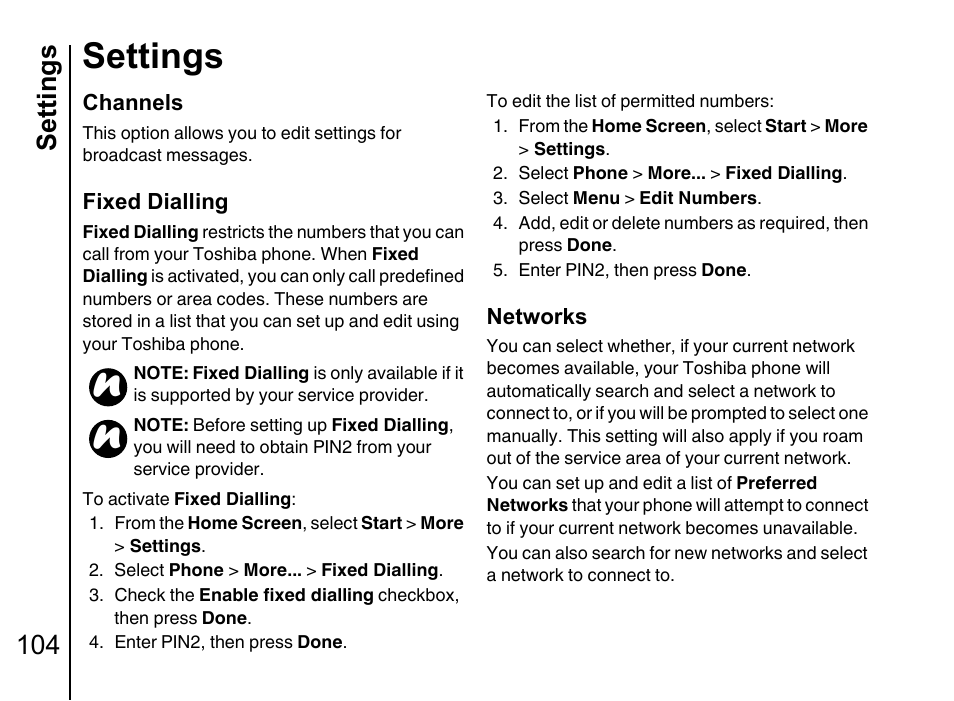 Settings, Settings 104 | Toshiba Portege G710 User Manual | Page 105 / 140