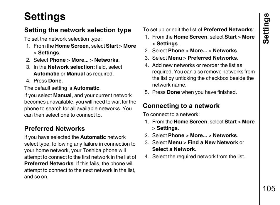 Settings, Settings 105, Setting the network selection type | Preferred networks, Connecting to a network | Toshiba Portege G710 User Manual | Page 106 / 140