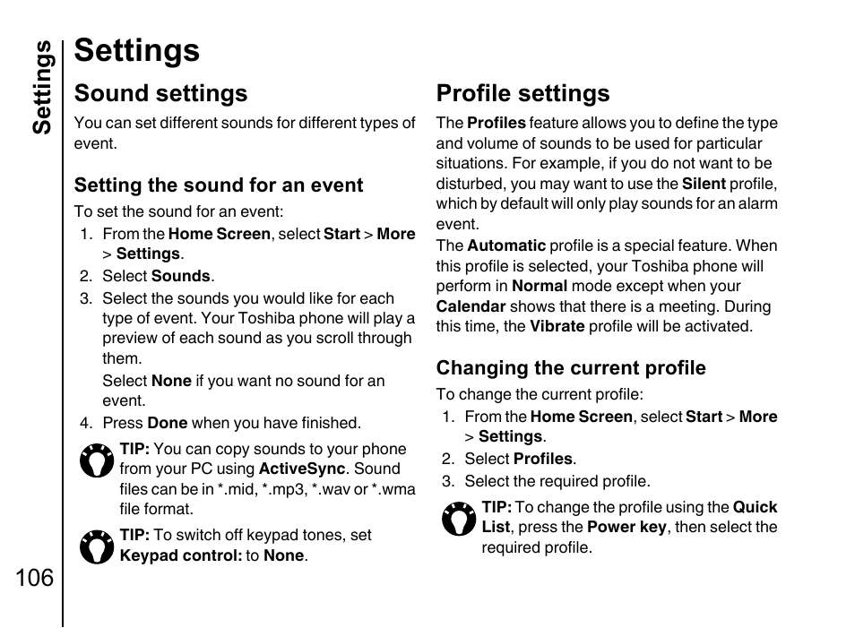 Sound settings 106, Profile settings 106, Settings | Settings 106, Sound settings, Profile settings | Toshiba Portege G710 User Manual | Page 107 / 140