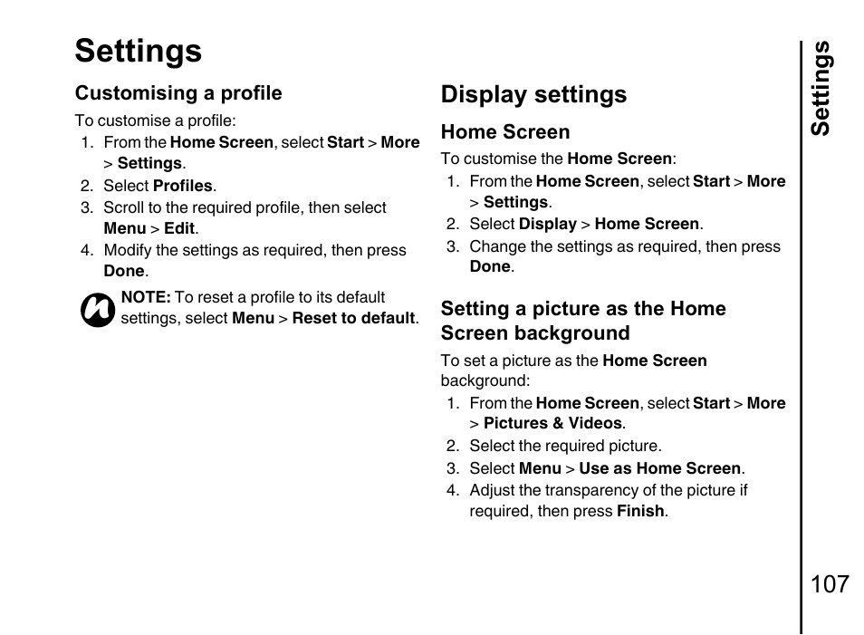 Display settings 107, Settings, Settings 107 | Display settings | Toshiba Portege G710 User Manual | Page 108 / 140