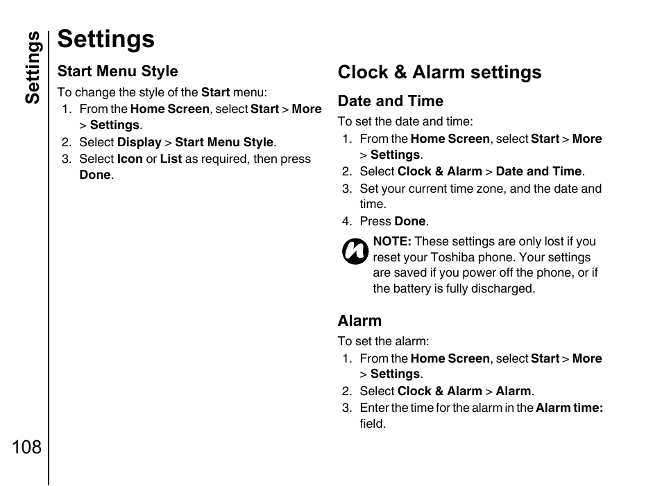 Clock & alarm settings 108, Settings, Settings 108 | Clock & alarm settings | Toshiba Portege G710 User Manual | Page 109 / 140