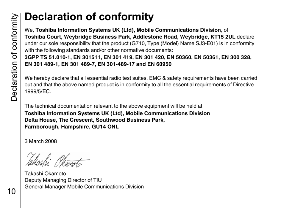 Declaration of conformity 10, Declaration of conformity, Decl ar ati on of conf orm ity 10 | Toshiba Portege G710 User Manual | Page 11 / 140