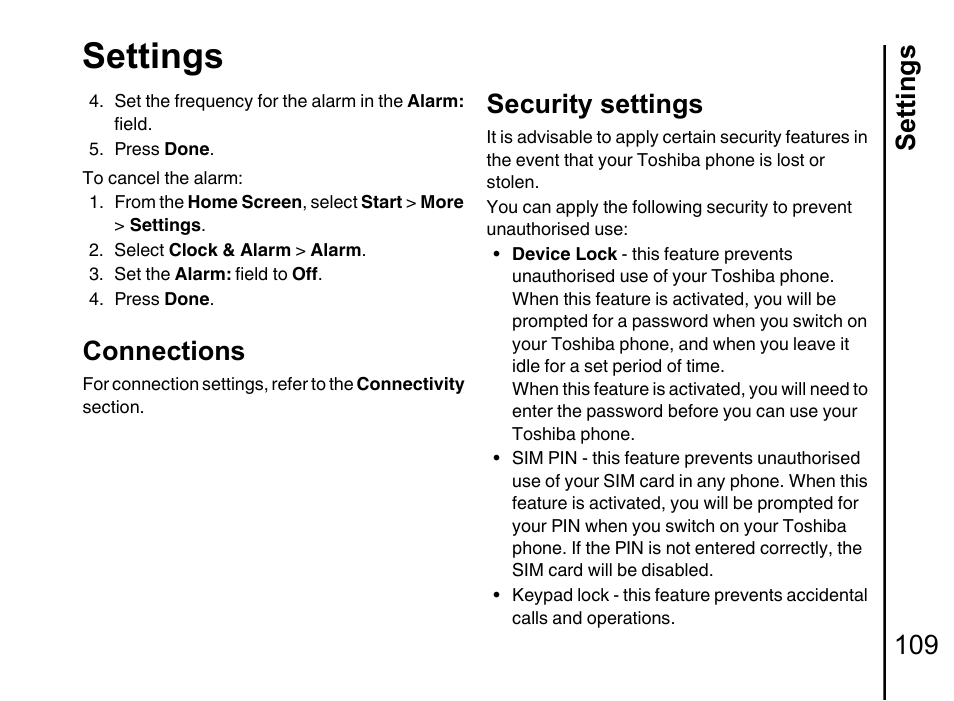 Connections 109, Security settings 109, Settings | Settings 109, Connections, Security settings | Toshiba Portege G710 User Manual | Page 110 / 140