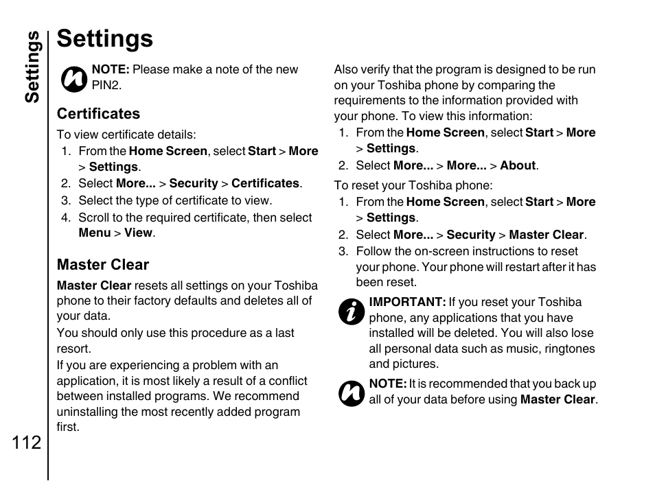 Settings, Settings 112 | Toshiba Portege G710 User Manual | Page 113 / 140