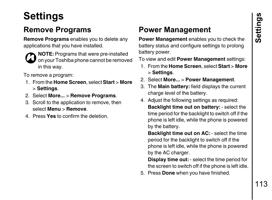 Remove programs, Power management 113, R to power management | Settings, Settings 113, Power management | Toshiba Portege G710 User Manual | Page 114 / 140