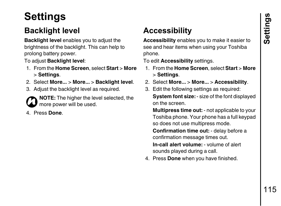 Backlight level 115, Accessibility, Backlight level in | Settings, Settings 115, Backlight level | Toshiba Portege G710 User Manual | Page 116 / 140