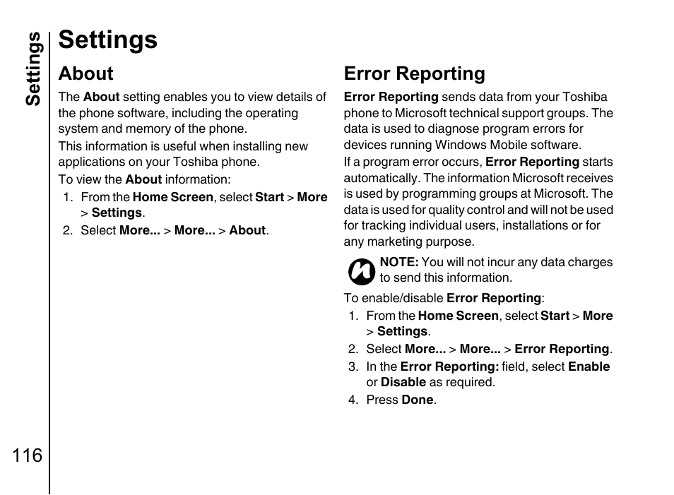 About 116, Error reporting, Settings | Settings 116, About | Toshiba Portege G710 User Manual | Page 117 / 140