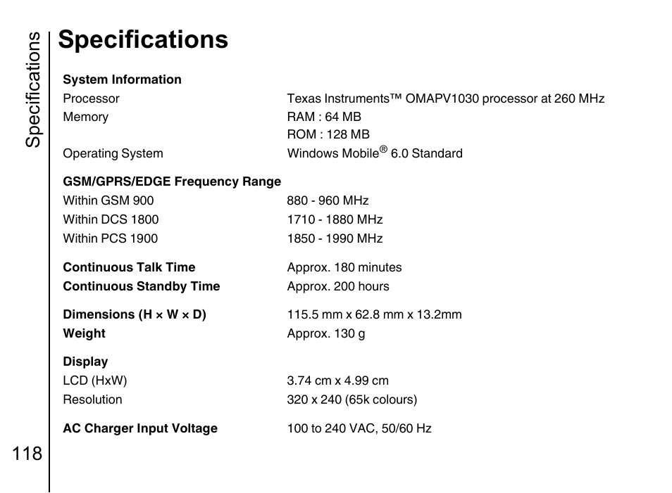 Specifications 118, Specifications | Toshiba Portege G710 User Manual | Page 119 / 140