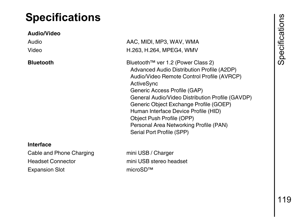 Specifications, Specifications 119 | Toshiba Portege G710 User Manual | Page 120 / 140