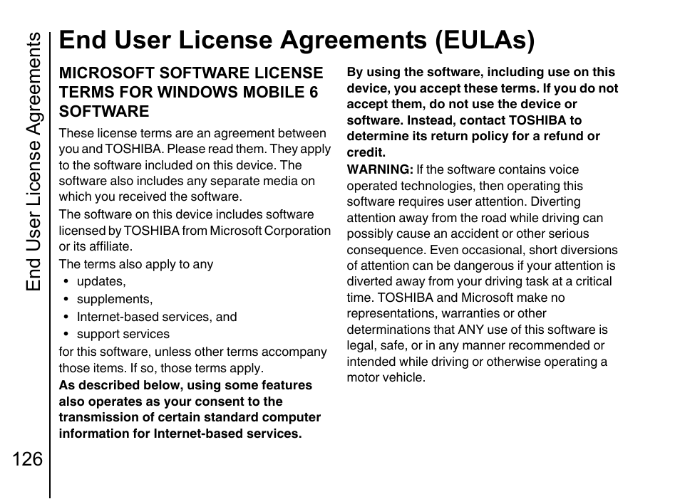 End user license agreements, Eulas) 126, End user license agreements (eulas) | End user license agreements 126 | Toshiba Portege G710 User Manual | Page 127 / 140