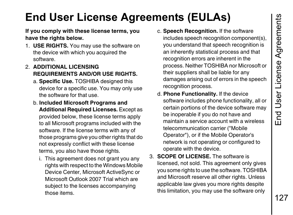 End user license agreements (eulas), End user license agreements 127 | Toshiba Portege G710 User Manual | Page 128 / 140