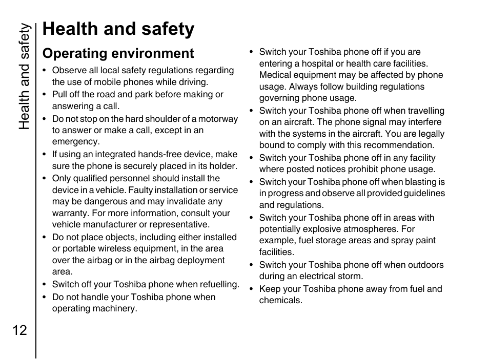 Operating environment 12, Health and safety, Health and safety 12 | Operating environment | Toshiba Portege G710 User Manual | Page 13 / 140