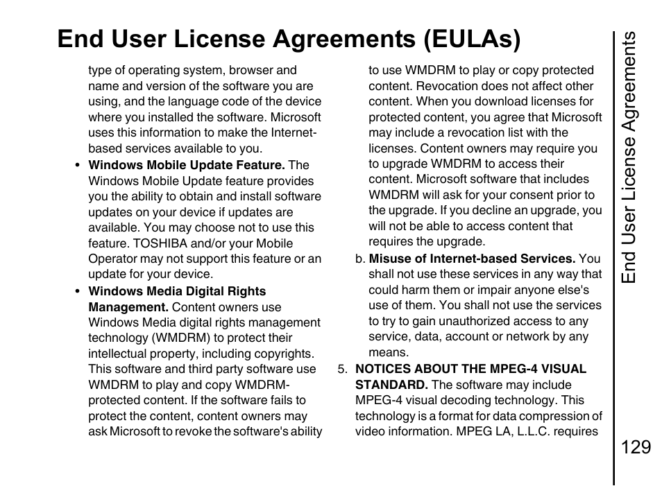 End user license agreements (eulas), End user license agreements 129 | Toshiba Portege G710 User Manual | Page 130 / 140