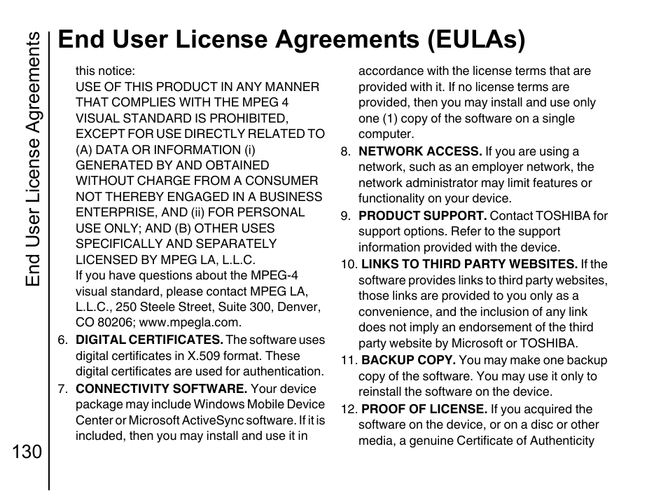 End user license agreements (eulas), End user license agreements 130 | Toshiba Portege G710 User Manual | Page 131 / 140