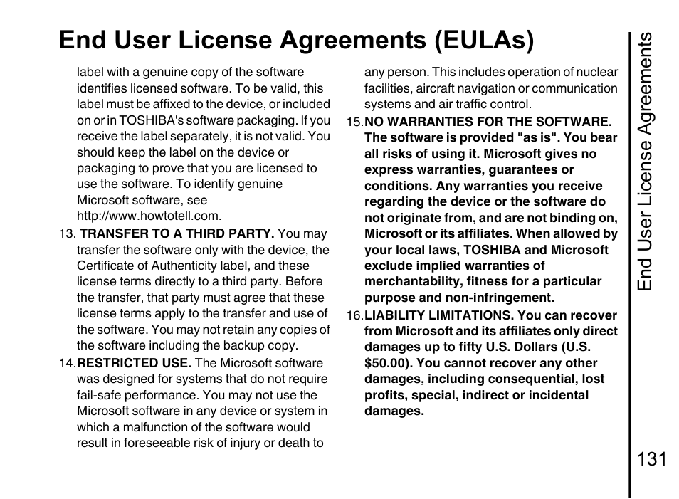 End user license agreements (eulas), End user license agreements 131 | Toshiba Portege G710 User Manual | Page 132 / 140