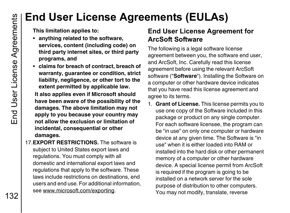 End user license agreements (eulas), End user license agreements 132, End user license agreement for arcsoft software | Toshiba Portege G710 User Manual | Page 133 / 140