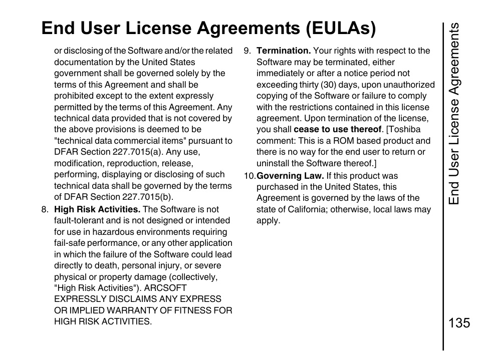 End user license agreements (eulas), End user license agreements 135 | Toshiba Portege G710 User Manual | Page 136 / 140