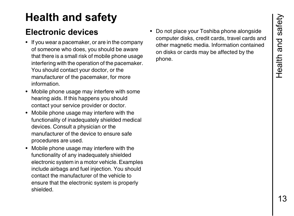 Electronic devices 13, Health and safety, Health and safety 13 | Electronic devices | Toshiba Portege G710 User Manual | Page 14 / 140