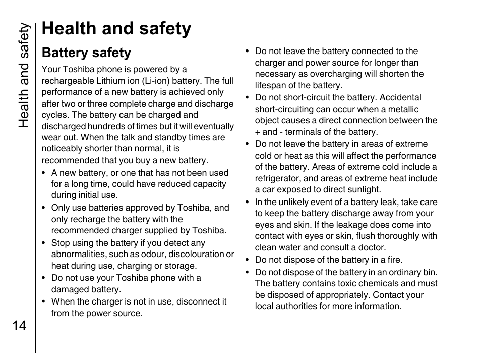 Battery safety 14, Health and safety, Health and safety 14 | Battery safety | Toshiba Portege G710 User Manual | Page 15 / 140