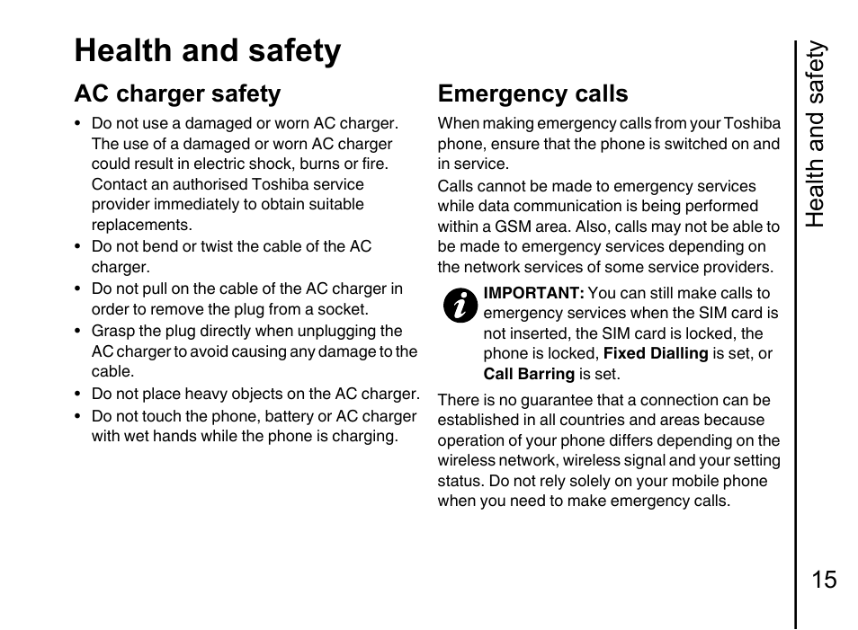 Ac charger safety 15, Emergency calls 15, Health and safety | Health and safety 15, Ac charger safety, Emergency calls | Toshiba Portege G710 User Manual | Page 16 / 140