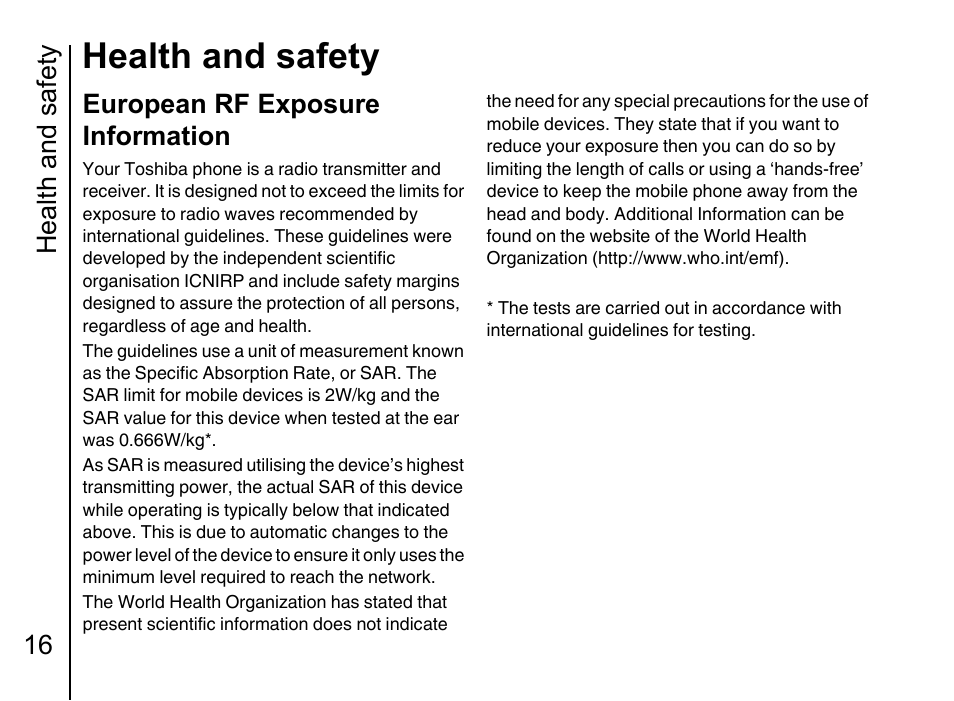 European rf exposure information 16, Health and safety, Health and safety 16 | European rf exposure information | Toshiba Portege G710 User Manual | Page 17 / 140