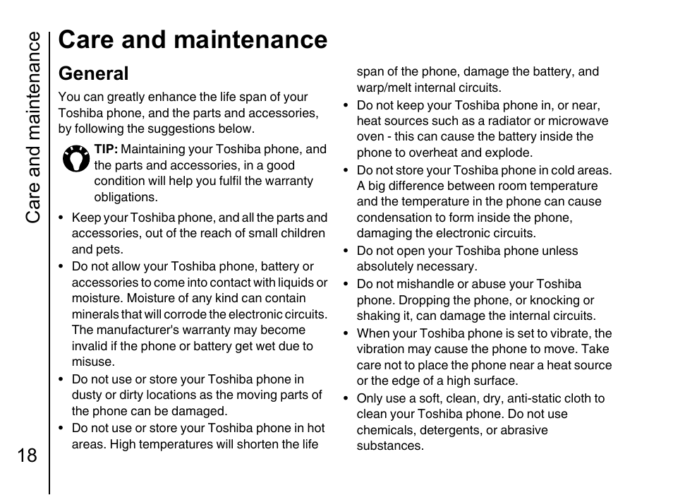 Care and maintenance 18 general 18, Care and maintenance, Care and maintenance 18 | General | Toshiba Portege G710 User Manual | Page 19 / 140