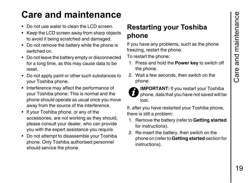 Restarting your toshiba phone 19, Care and maintenance, Care and maintenance 19 | Restarting your toshiba phone | Toshiba Portege G710 User Manual | Page 20 / 140