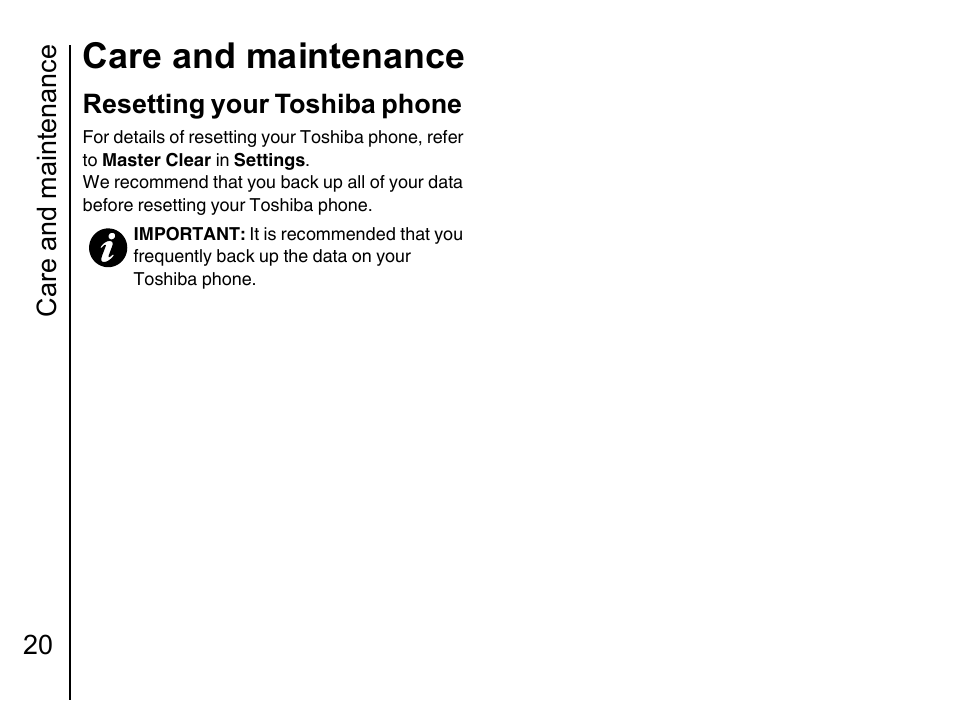 Resetting your toshiba phone 20, Care and maintenance, Care and maintenance 20 | Resetting your toshiba phone | Toshiba Portege G710 User Manual | Page 21 / 140