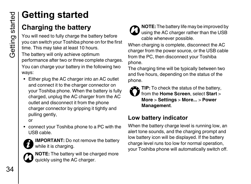 Charging the battery 34, Getting started, Getting started 34 | Charging the battery | Toshiba Portege G710 User Manual | Page 35 / 140