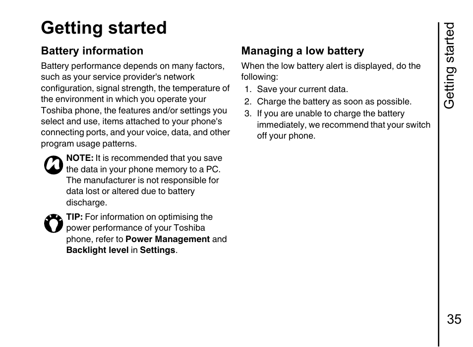 Getting started, Getting started 35 | Toshiba Portege G710 User Manual | Page 36 / 140