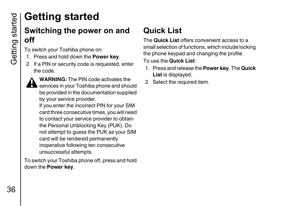 Switching the power on and off 36, Quick list, Getting started | Getting started 36, Switching the power on and off | Toshiba Portege G710 User Manual | Page 37 / 140