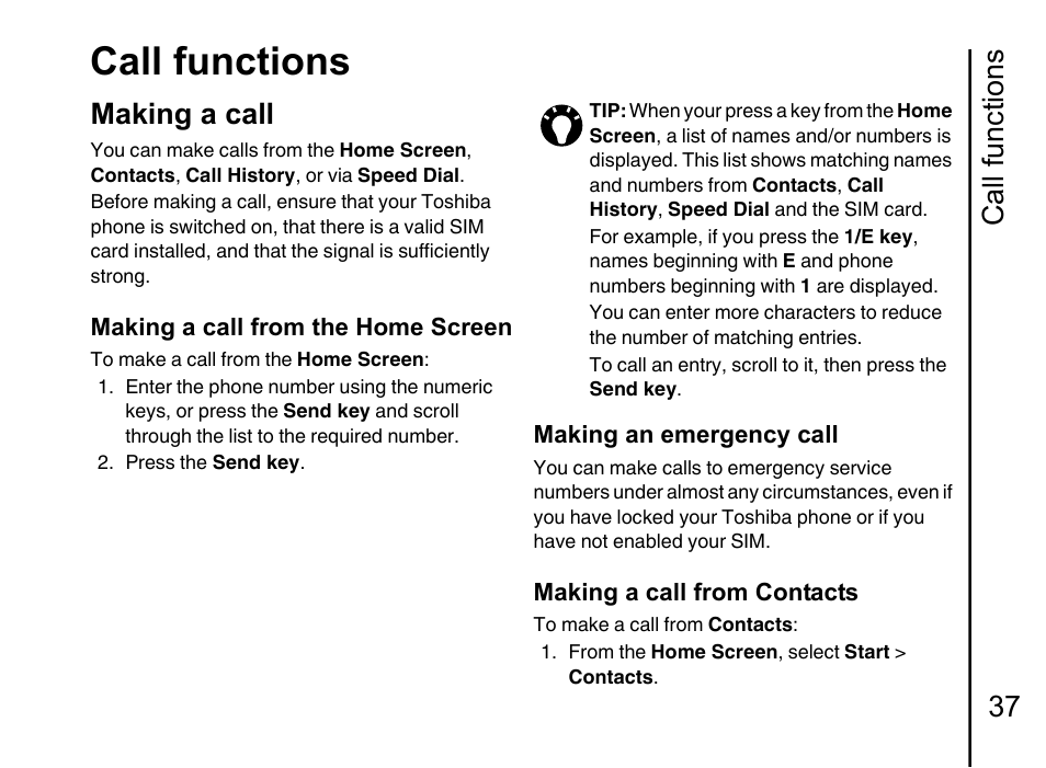 Call functions 37 making a call 37, Call functions, Call functions 37 | Making a call, Making a call from the home screen, Making an emergency call, Making a call from contacts | Toshiba Portege G710 User Manual | Page 38 / 140