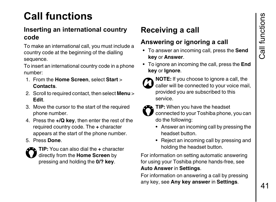 Receiving a call 41, Call functions, Call functions 41 | Receiving a call | Toshiba Portege G710 User Manual | Page 42 / 140