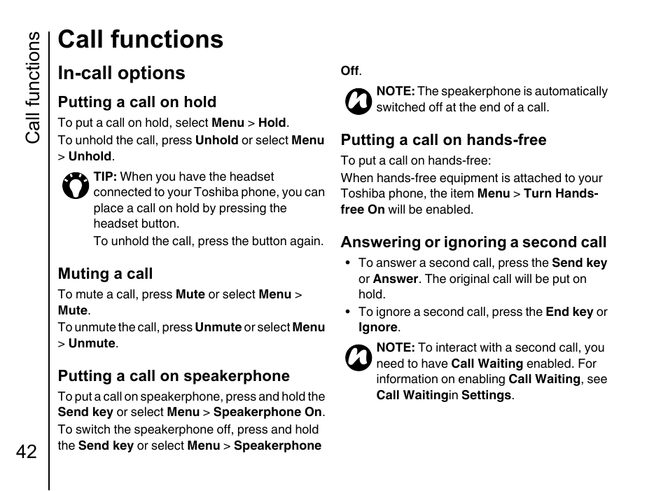 In-call options 42, Call functions, Call functions 42 | In-call options | Toshiba Portege G710 User Manual | Page 43 / 140