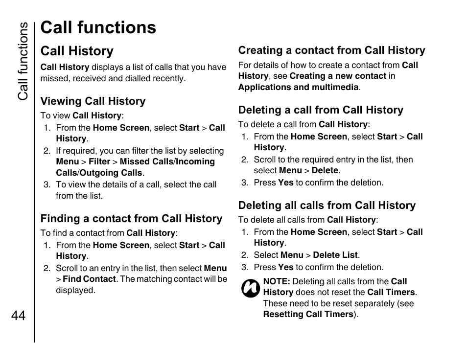 Call history, Call functions, Call functions 44 | Toshiba Portege G710 User Manual | Page 45 / 140