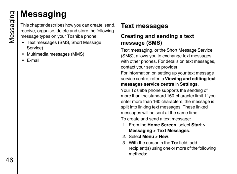 Messaging 46 text messages 46, Messaging, Messaging 46 | Text messages, Creating and sending a text message (sms) | Toshiba Portege G710 User Manual | Page 47 / 140