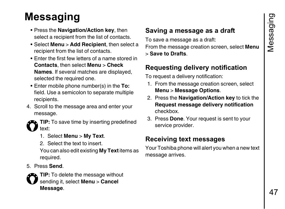 Messaging, Messaging 47, Saving a message as a draft | Requesting delivery notification, Receiving text messages | Toshiba Portege G710 User Manual | Page 48 / 140