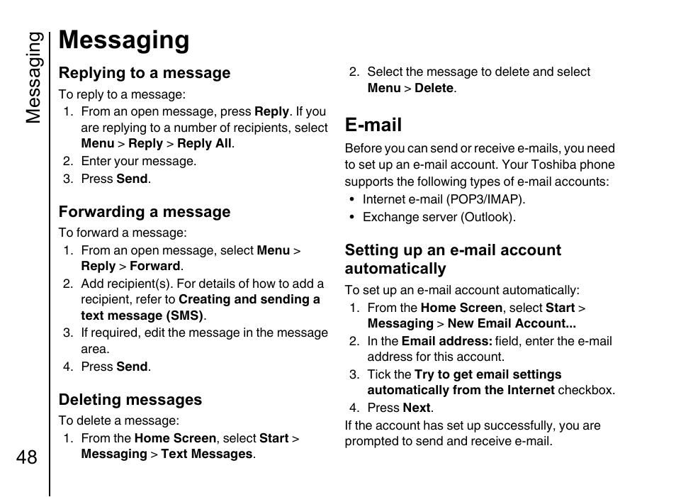 E-mail 48, Messaging, Messaging 48 | E-mail | Toshiba Portege G710 User Manual | Page 49 / 140