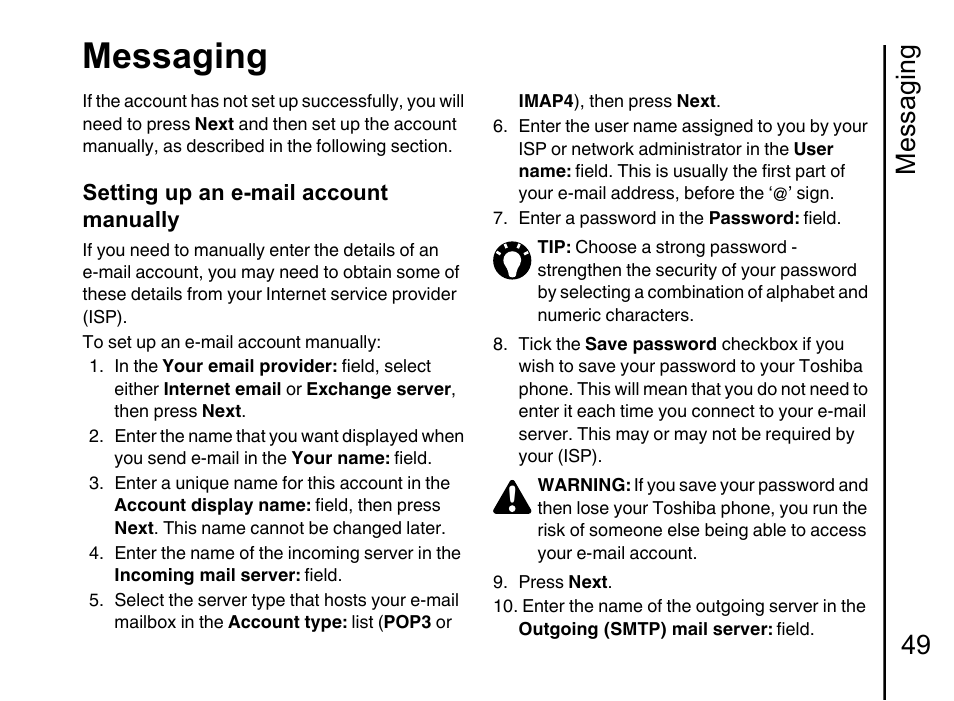 Messaging, Messaging 49, Setting up an e-mail account manually | Toshiba Portege G710 User Manual | Page 50 / 140